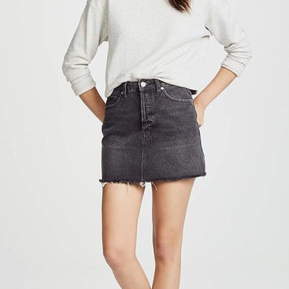 NWT Free People Washed Black Denim Button Fly Raw Hem skirt, Size 30 (US 10) - Picture 2 of 13
